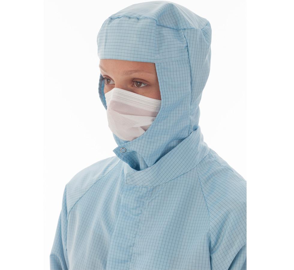 Woman wearing White BioClean Microflow™ Cleanroom Non-Sterile Face Veil with Blue Gown and Hood - Sentinel Laboratories Ltd