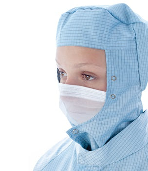 A Woman Wearing a White Mask and BFV06 BioClean Blue Face Veil with Studs