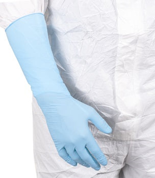 A Person in a White Coverall and a BNAL-B Bioclean Blue Long Length Glove