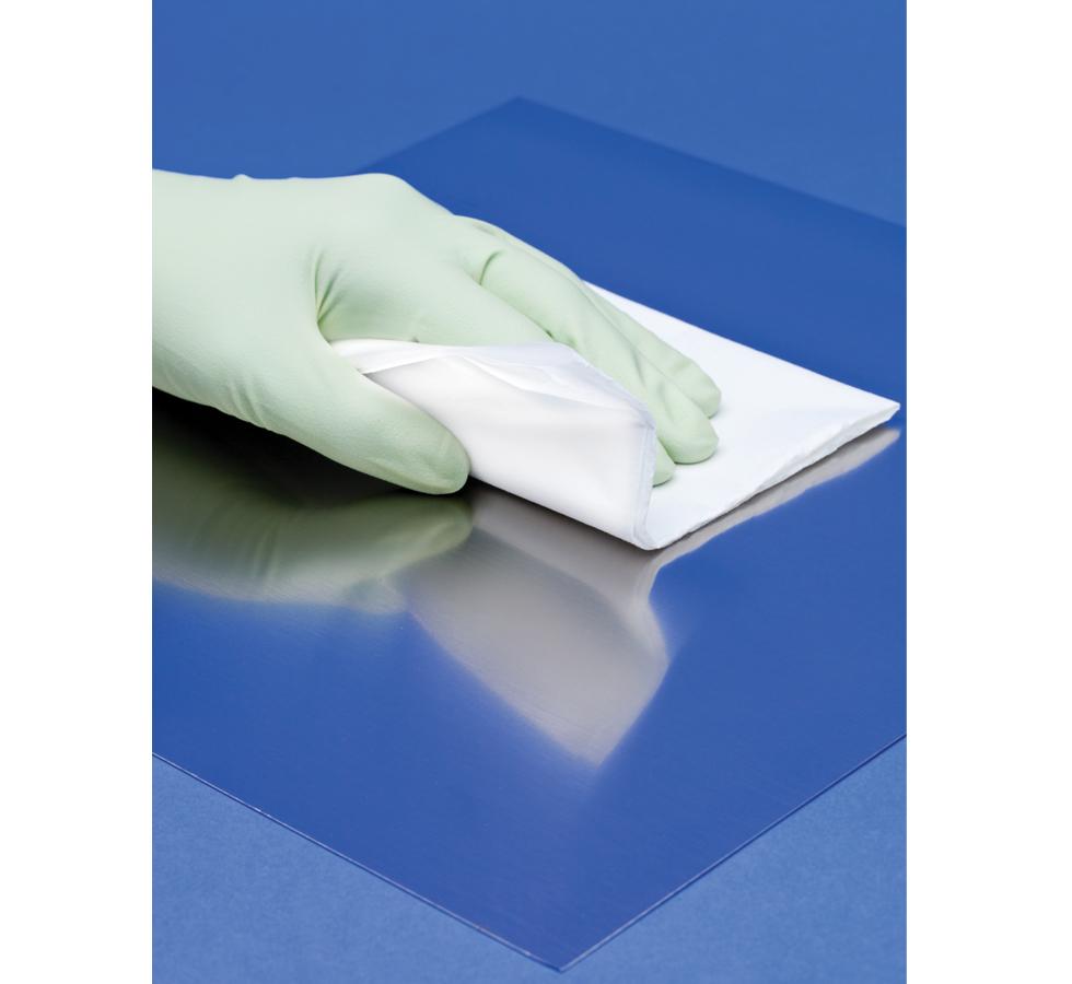 Gloved Hand wiping Blue Surface Mat using White BioClean Oryx™ 9" Sterile Wipes - Sentinel Laboratories Ltd