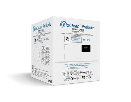 A White and Blue Case of BioClean Prelude Sterile Latex Gloves