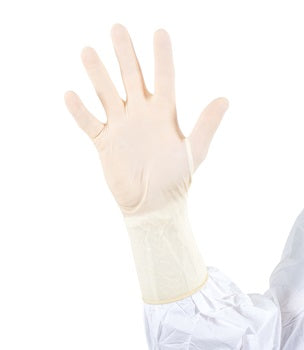 A Person in a White Coverall and a BioClean Prelude Sterile Latex Glove