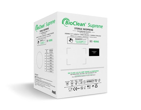 A Green and White Case of BioClean Suprene Sterile Neoprene Gloves