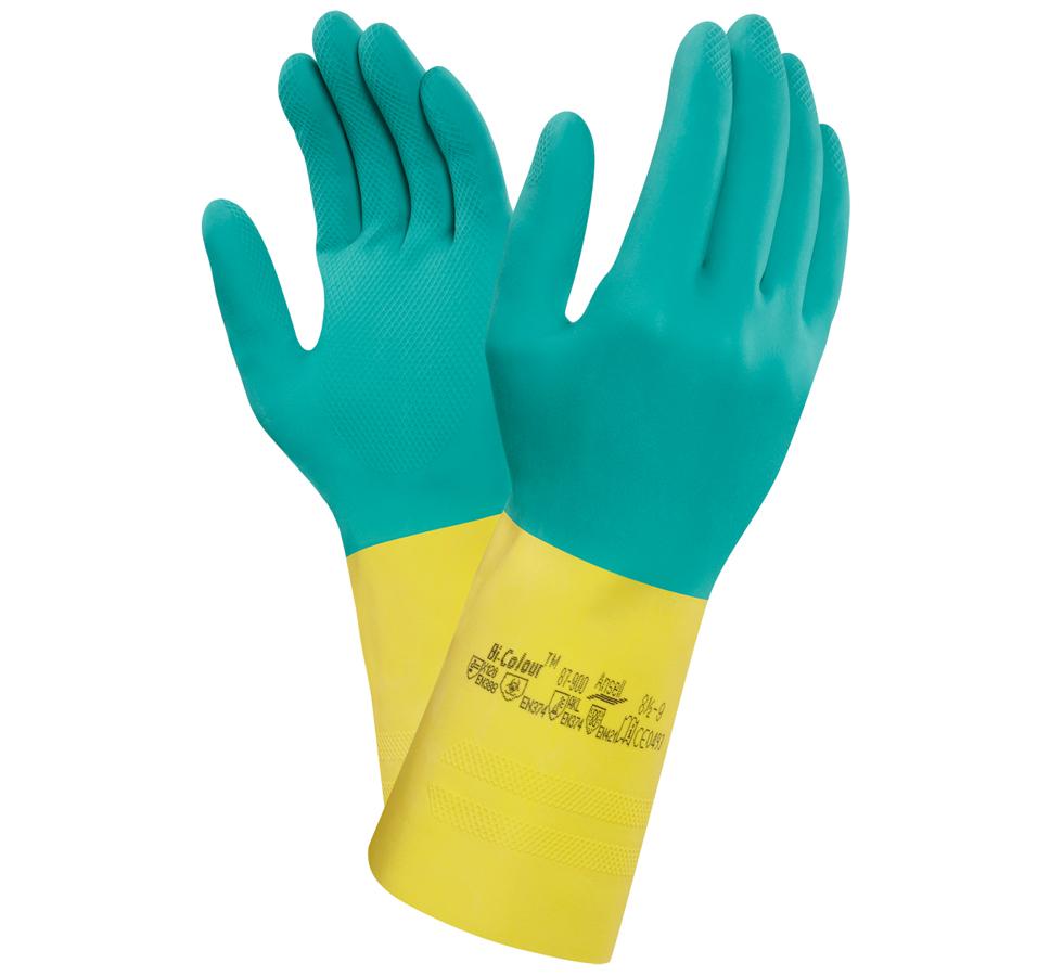 A Pair of Blue and Yellow BI-COLOUR® 87-900 Long Length Cuff Gloves with Black Lettering - Sentinel Laboratories Ltd
