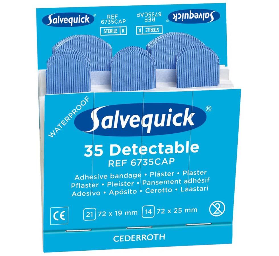 Light Blue Box Salvequick Dark Blue Striped Detectable Plaster Refill Pack - Sentinel Laboratories Ltd