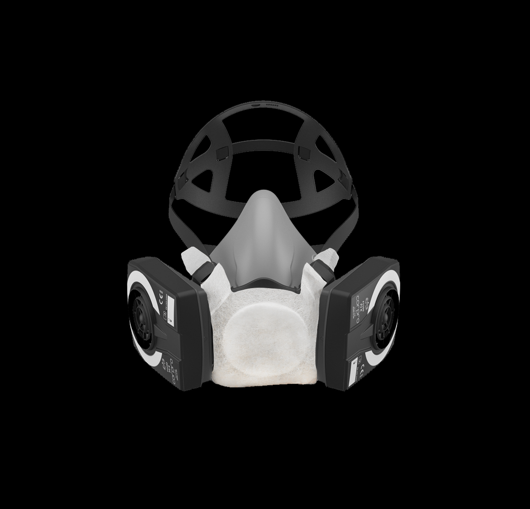 A Light and Dark Grey Corpro Half Mask with Filters and a White Exhale Barrier