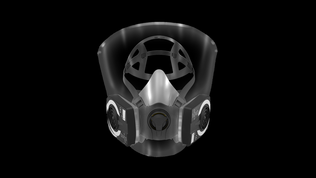 A Light and Dark Grey Corpro Half Mask with Filters and a Clear Spray Barrier