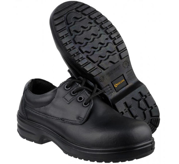 Bottom and Side View of Black FS121c Amblers Safety Ladies Lace Up Composite Safety Shoes - Sentinel Laboratories Ltd
