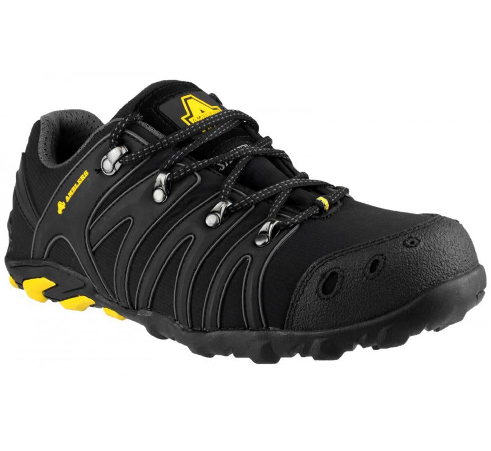 Black and Yellow Accented FS23 Amblers Safety Black Soft Shell Upper Safety Trainers - Sentinel Laboratories Ltd