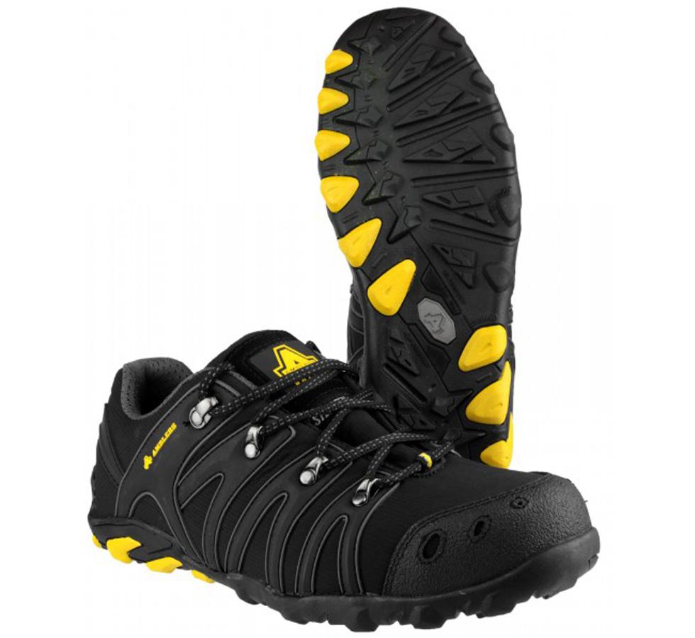 Side and Bottom View of Black and Yellow FS23 Amblers Safety Black Soft Shell Upper Safety Trainers - Sentinel Laboratories Ltd
