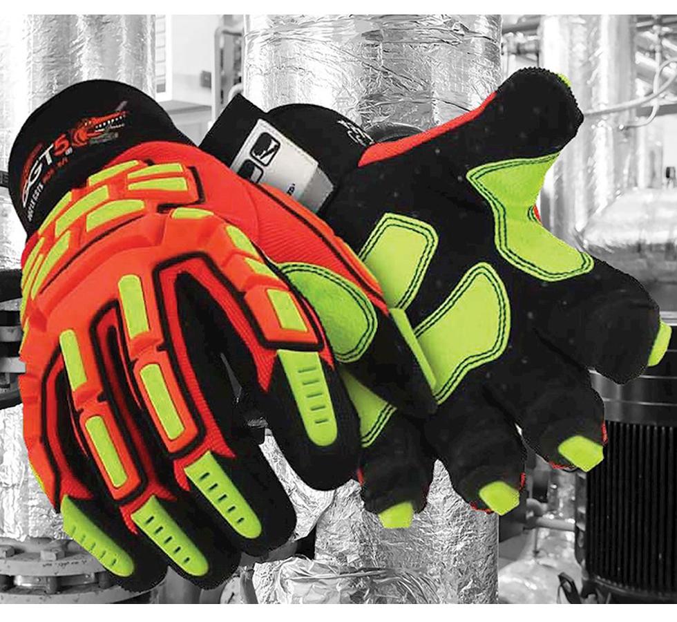 A Pair of Orange, Fluorescent Green and Black HexArmor® GGT5 Mud 4021X Industrial Gloves - Sentinel Laboratories Ltd