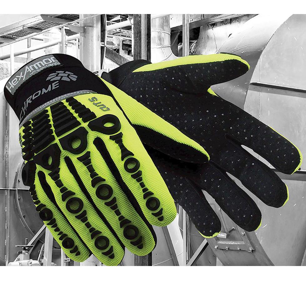 A Pair of Green Fluorescent and Black HexArmor® Chrome 4026 Industrial Gloves - Sentinel Laboratories Ltd