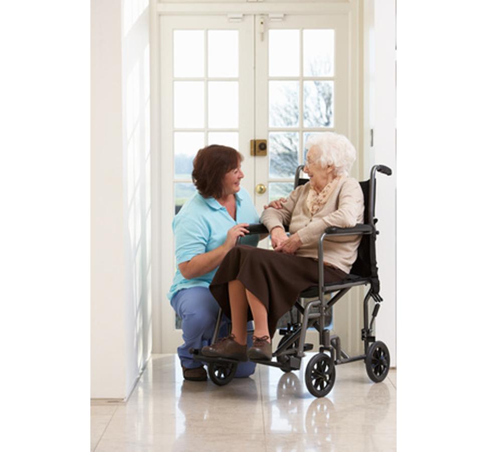 Carer next to elderly woman in a wheelchair - Moving People Safely - Level 1 - Sentinel Laboratories Ltd
