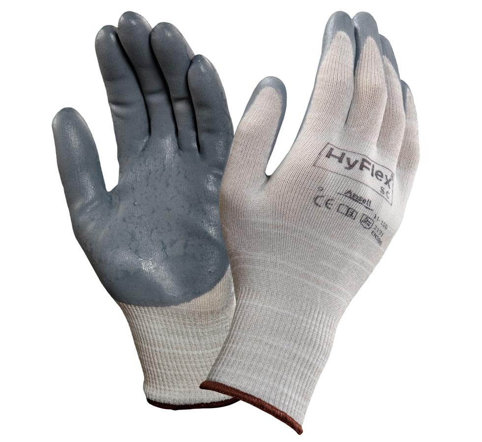 Pair of White Knitted, Grey Palm and Finger Tip HYFLEX® 11-100 Gloves - Brown Beaded - Sentinel Laboratories Ltd