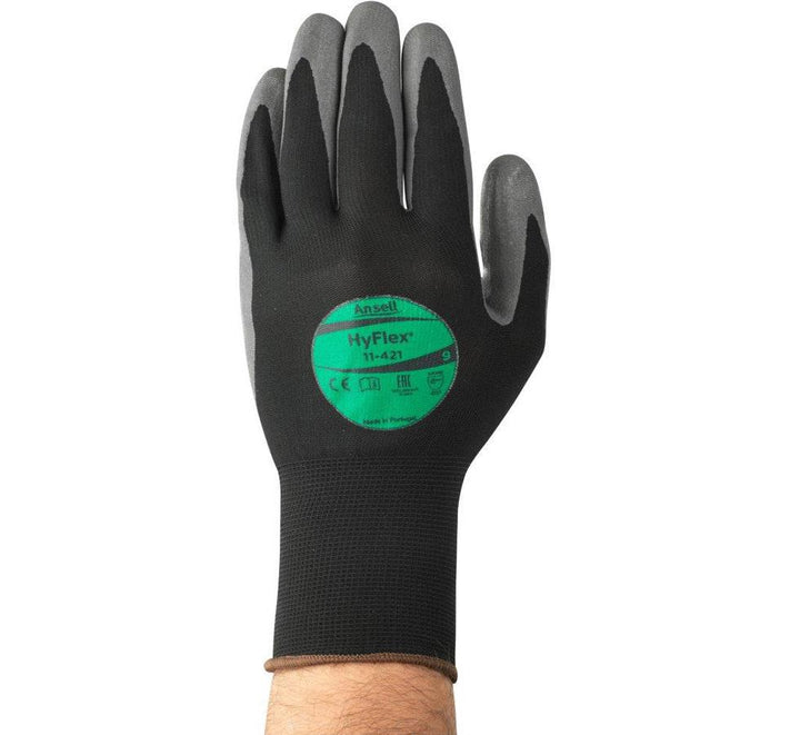 Person Wearing a Single Black, Green and Grey HYFLEX® 11-421 (Previously Puretough P1100 'i') Brown Beaded Glove - Sentinel Laboratories Ltd