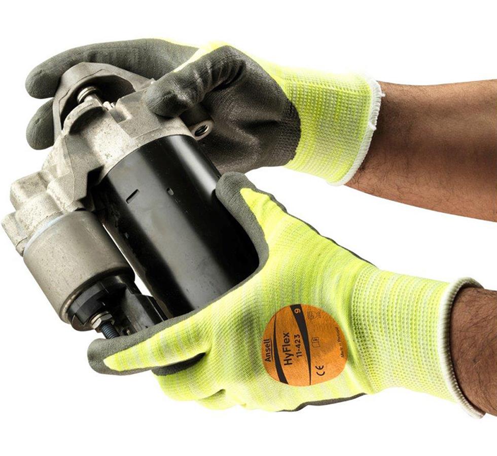 Man Wearing a Pair of Fluorescent Green and Grey HYFLEX® 11-423 (Previously Puretough™ P3000) Gloves - Sentinel Laboratories Ltd