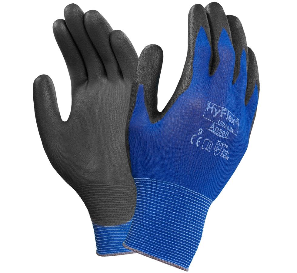 Pair of Dark Grey Palm/Finger Tip, Blue Outer Colour HYFLEX® 11-618 Gloves - White Lettering - Sentinel Laboratories Ltd