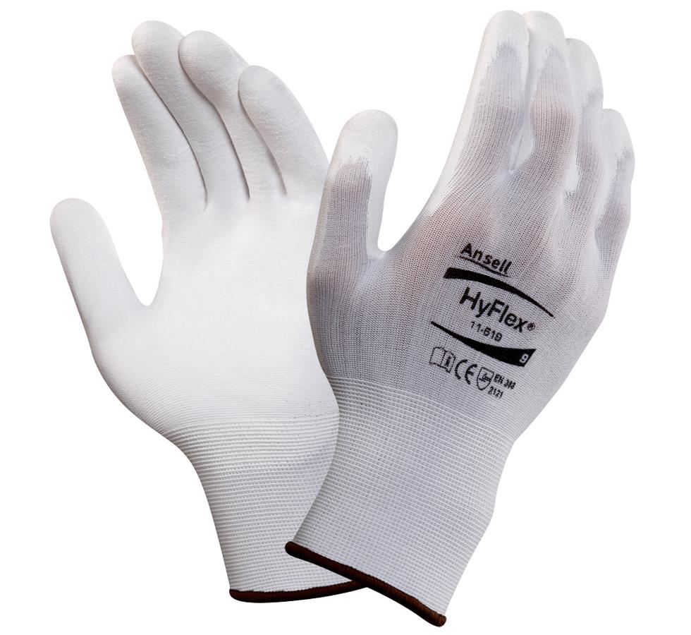Pair of White HYFLEX 11-624 Gloves - Brown Beading, Black Lettering - Sentinel Laboratories Ltd