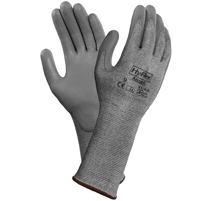 Pair of Medium Grey, Dark Grey HYFLEX® 11-628 Long Cuff Gloves - Brown Beading, Dark Lettering - Sentinel Laboratories Ltd