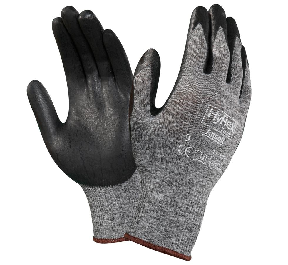A Pair of Dark Grey and Black HYFLEX® 11-801 Gloves - Brown Beaded Cuff and White Lettering - Sentinel Laboratories Ltd