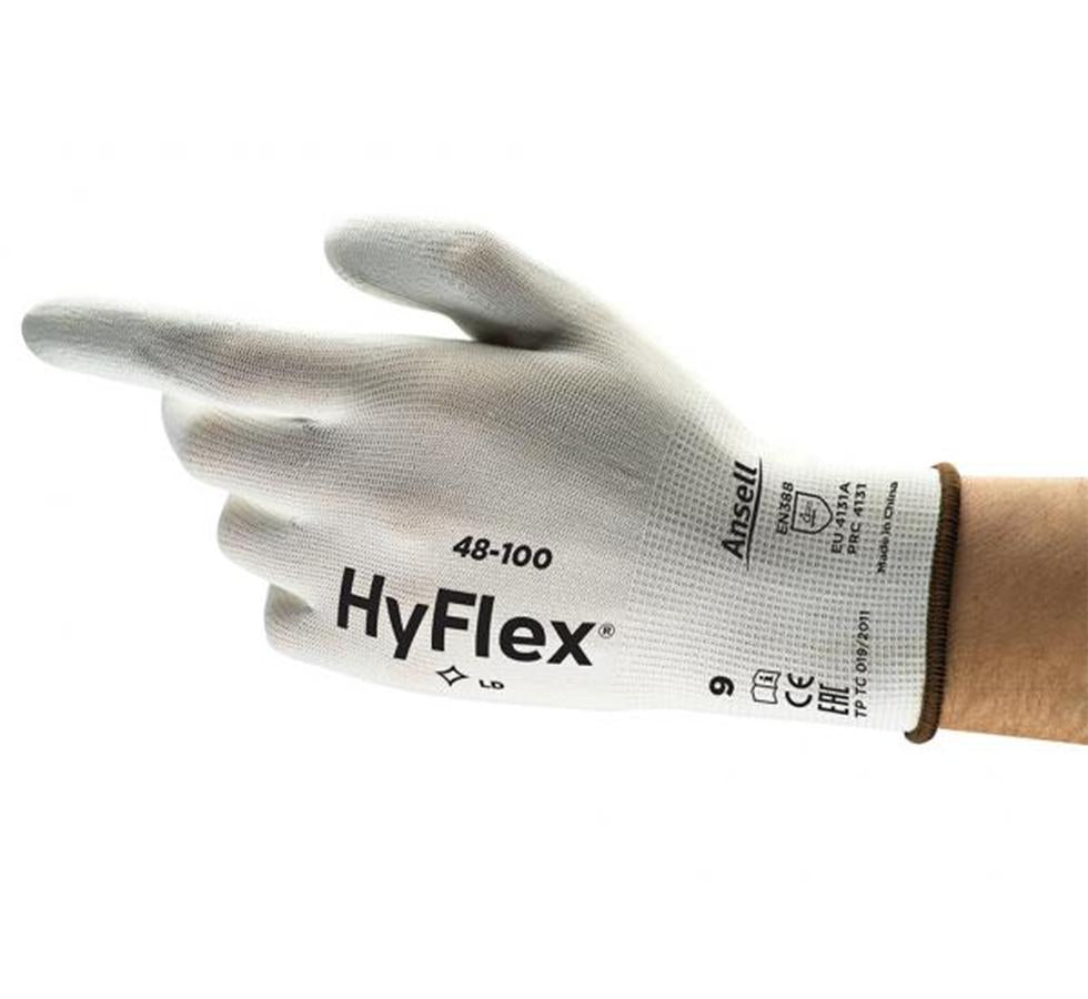 A Person Wearing a White and Black Text Ansell HYFLEX® 48-100 (Previously SENSILITE®) Glove with Brown Cuff Bead - Sentinel Laboratories Ltd