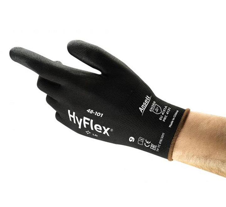 A Person Wearing a Black and White Lettering Ansell HYFLEX® 48-101 (Previously SENSILITE®) Glove with Brown Beaded Cuff - Sentinel Laboratories Ltd