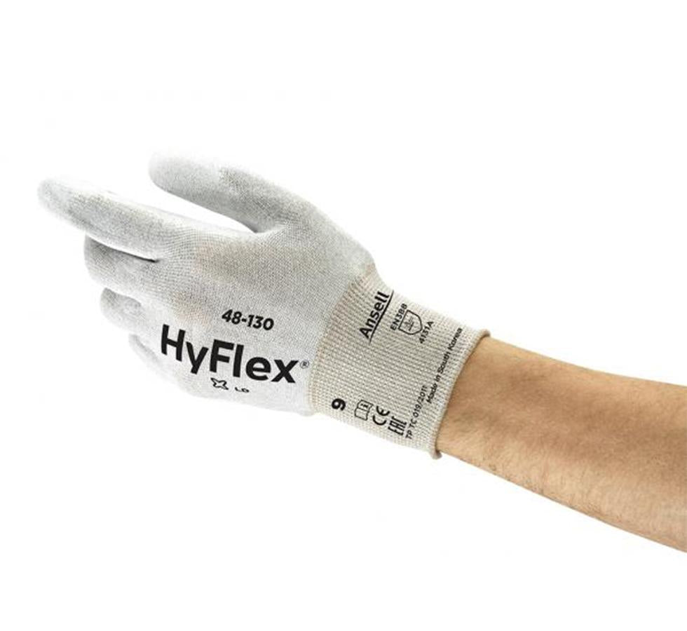A Person Wearing a Single White HYFLEX® 48-130 (Previously SENSILITE®) Black Lettering Glove - Sentinel Laboratories Ltd