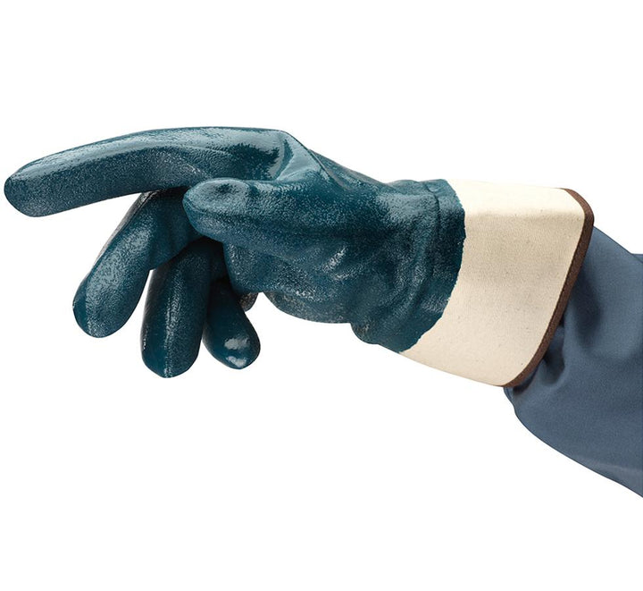 A Person Wearing a Single Navy and Cream Coloured ACTIVARMR® HYCRON® 27-905 Longer Length Cuff Glove - Sentinel Laboratories Ltd