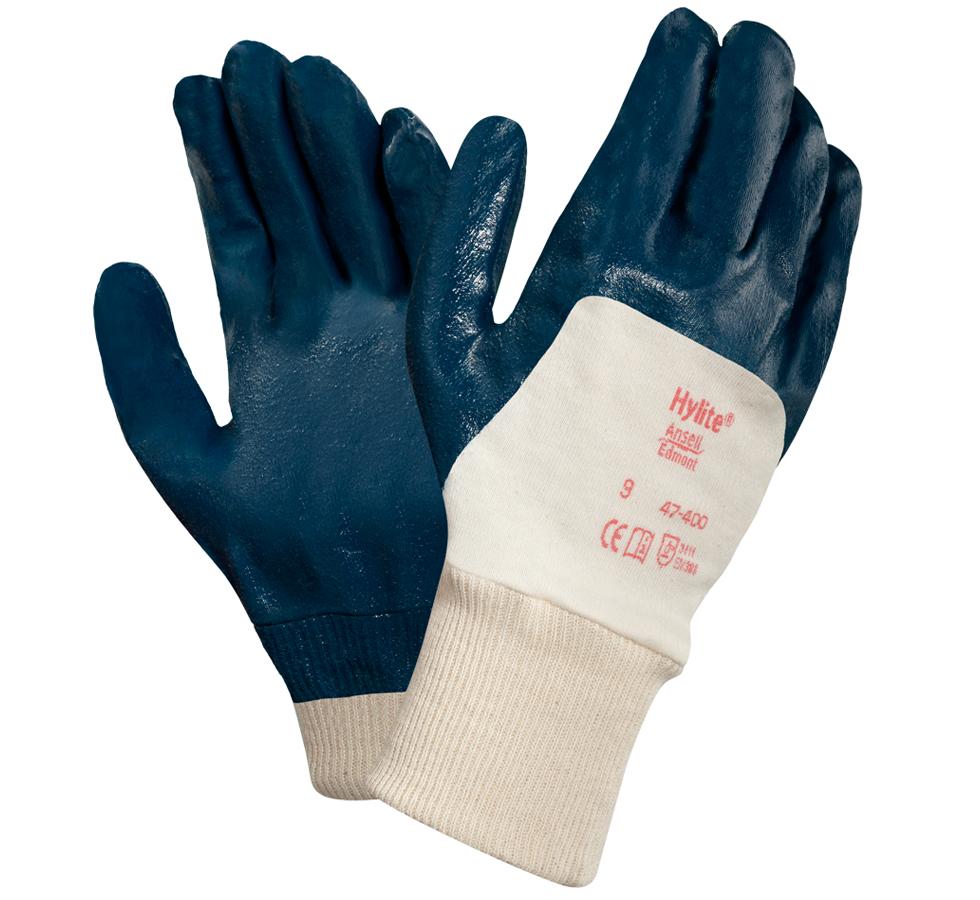 A Pair of Dark Navy, White and Cream Cuff HYLITE® 47-400 Gloves with Red Lettering - Sentinel Laboratories Ltd