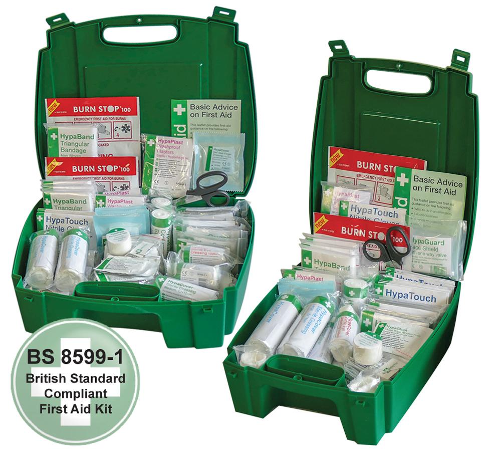 A Pair of Open Green Evolution British Standard Compliant Workplace First Aid Kit - BS 8599-1 - Sentinel Laboratories Ltd