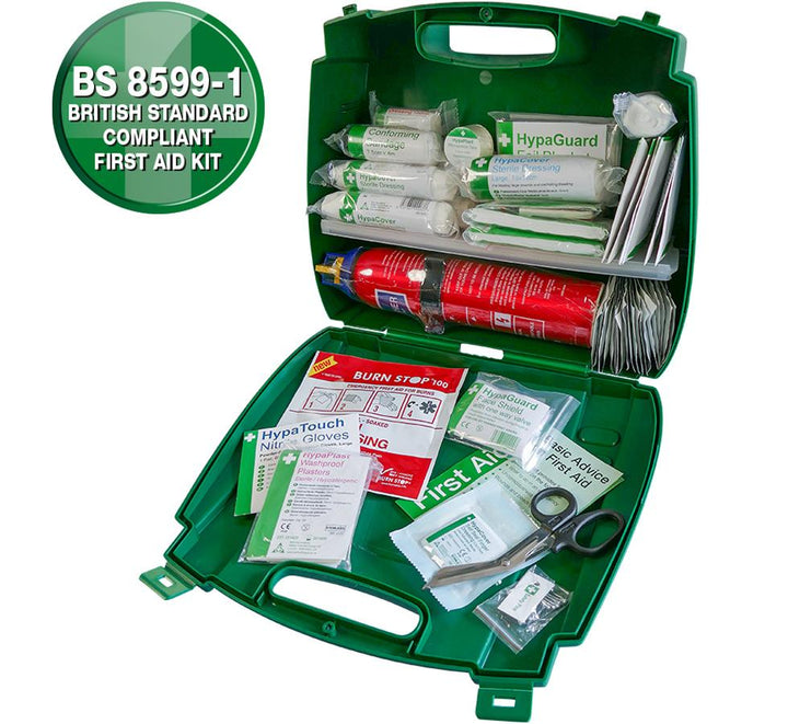 Opened Green Evolution British Standard Compliant First Aid Kit with Fire Extinguisher - BS8599-1 - Sentinel Laboratories Ltd