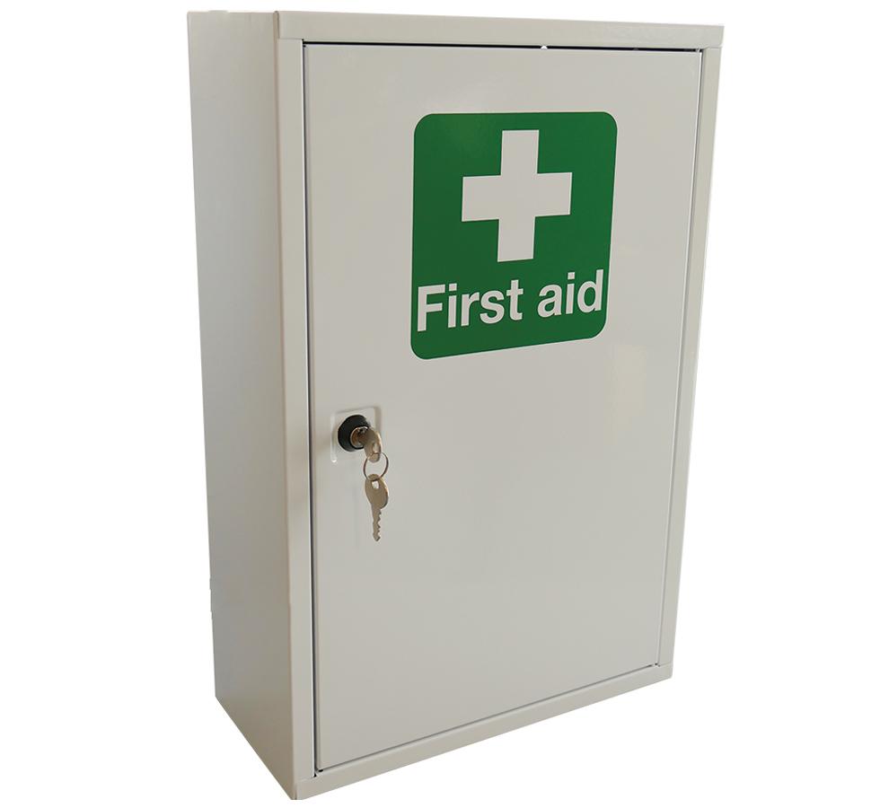 White and Green British Standard Compliant Metal First Aid Cabinet - Fully Stocked - Key Lock - Sentinel Laboratories Ltd