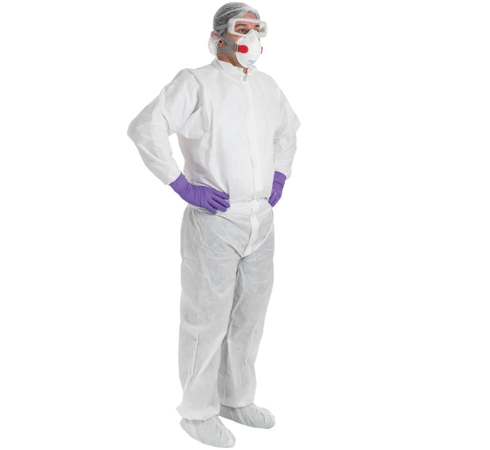Man Wearing White KIMTECH PURE* A8 Breathable Particle Protection Coveralls - Purple Gloves and White Mask, Goggles - Sentinel Laboratories Ltd