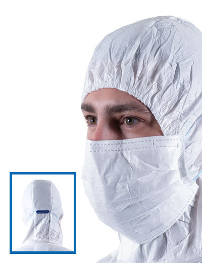 A Man Wearing a White Coverall with White BioClean MEA210-0 Cleanroom Earloop Facemask Sterile - Sentinel Laboratories Ltd