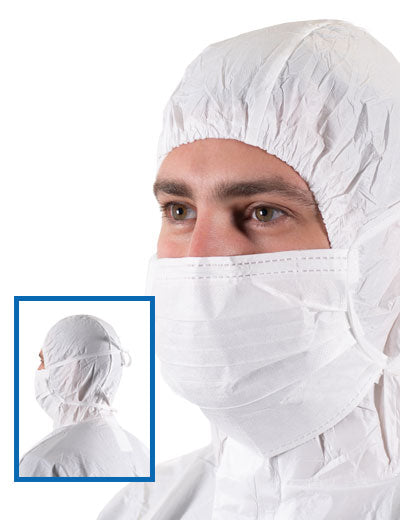 A Man Wearing a White Hooded Coverall and White BioClean MTA210-1™ Cleanroom Tie-on Facemask Sterile - Sentinel Laboratories Ltd