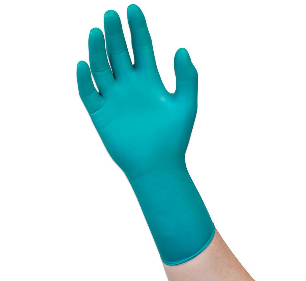 A Person Wearing a Single Green Coloured MICROFLEX® 93-260 Latex Glove - Sentinel Laboratories Ltd