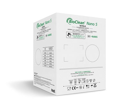 A White and Green Case of Bioclean Nano 5 Nitrile Cleanroom Gloves