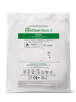 A White and Green Pack of Bioclean NANO 5 Nitrile Cleanroom Gloves