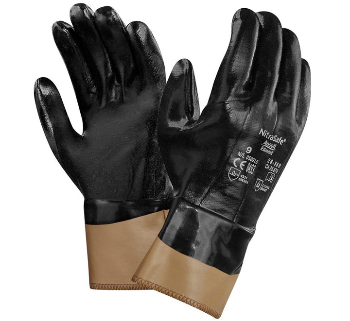 A Pair of Shiny Black NITRASAFE® 28-359 Gloves with Tan Cuffs and White Lettering - Sentinel Laboratories Ltd