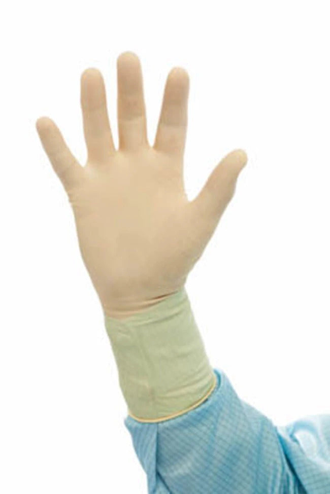 A Person In a Blue Coverall Wearing a Nitritex BioClean Elite Sterile Latex Cleanroom Glove