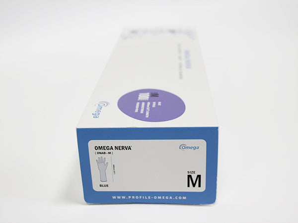 The Side View of a White, Blue and Violet Box of BioClean™ Nerva Nitrile Blue ONAB Non Sterile Gloves