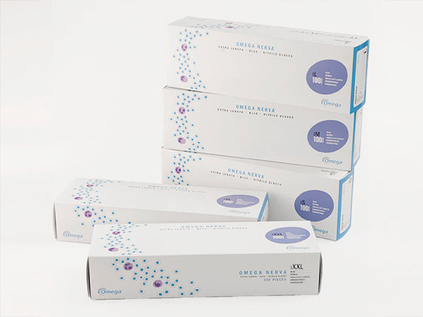 Multiple White, Blue and Violet Boxes of BioClean™ Nerva Nitrile Blue ONAB Non Sterile Gloves