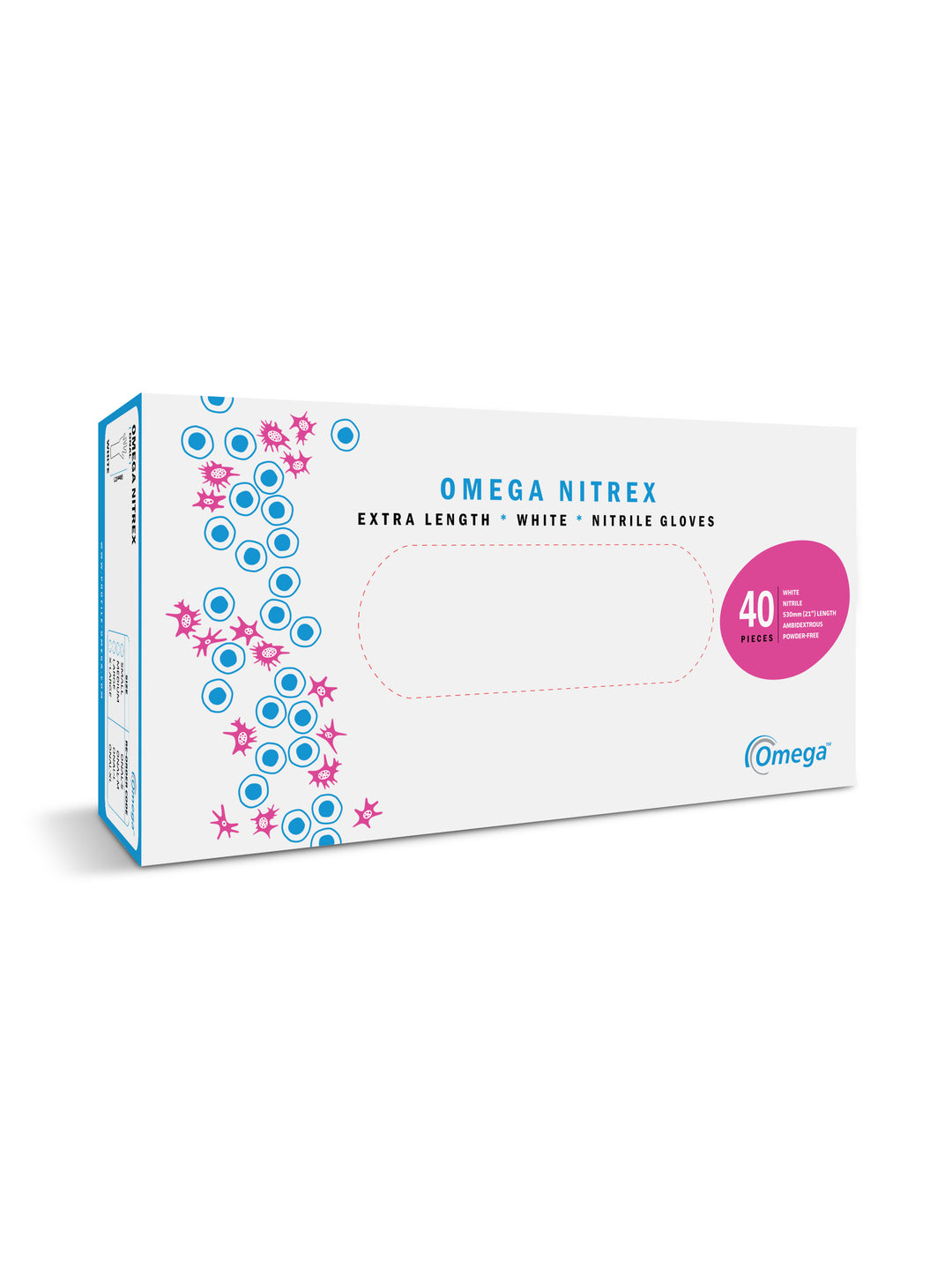 A White, Blue and Pink Box of BioClean Omega Nitrex Nitrile ONAL Non Sterile Gloves