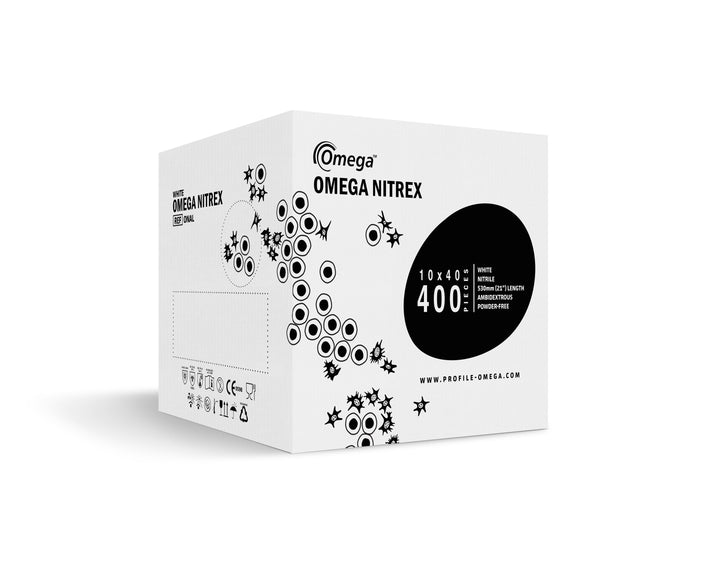 A White and Black Case of BioClean™ Omega Nitrex Nitrile ONAL Non Sterile Gloves