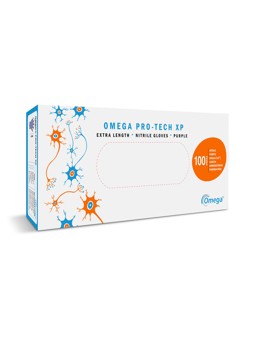 A White, Blue and Orange Box of BioClean Omega Pro-tech XP Non Sterile Nitrile Gloves