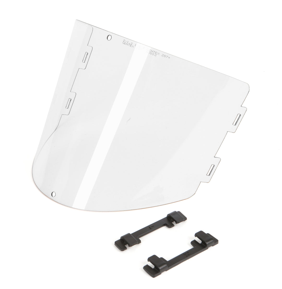 A Clear PureFlo PF3000-03-001 Faceshield with a Set of Black Faceshield Clips