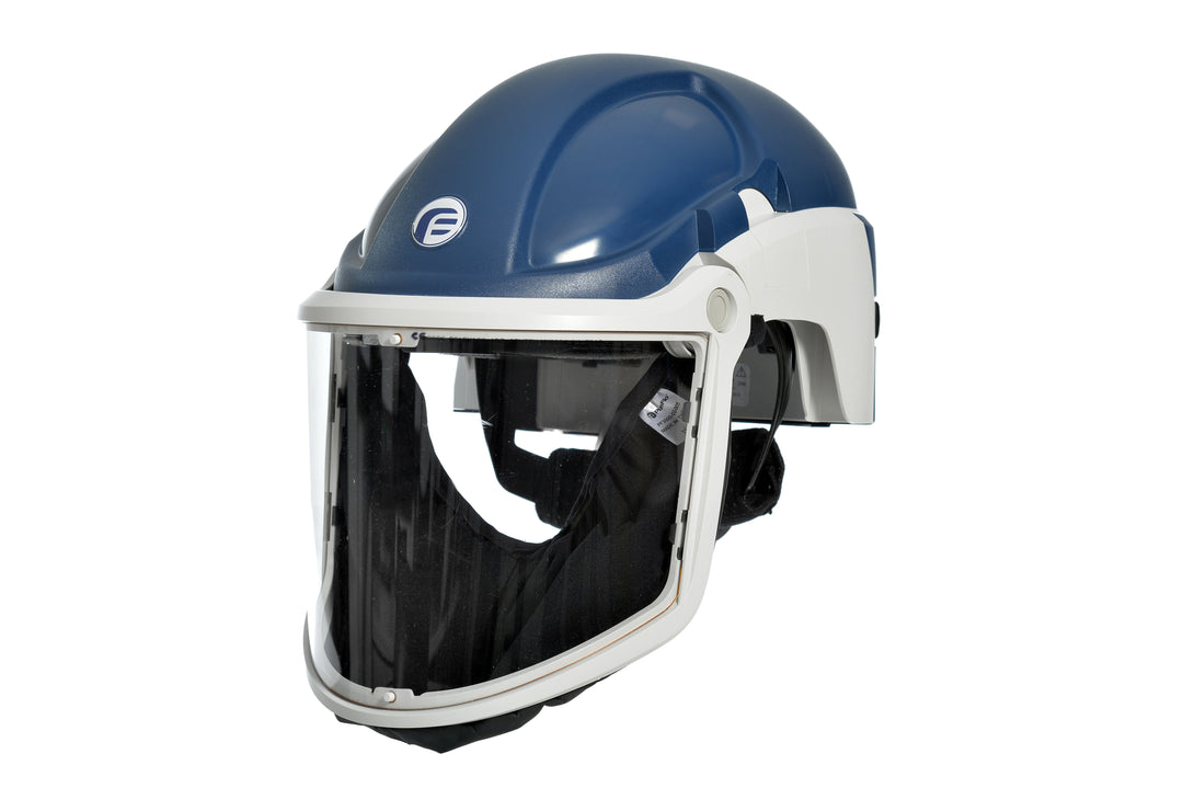 A Black, Dark Grey and White PF3000 Blue Hard Hat with the Visor Down