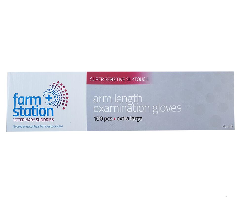 Side View of Grey, White, Blue and Red Box of Polythene Arm Length Veterinary Gloves - Sentinel Laboratories Ltd