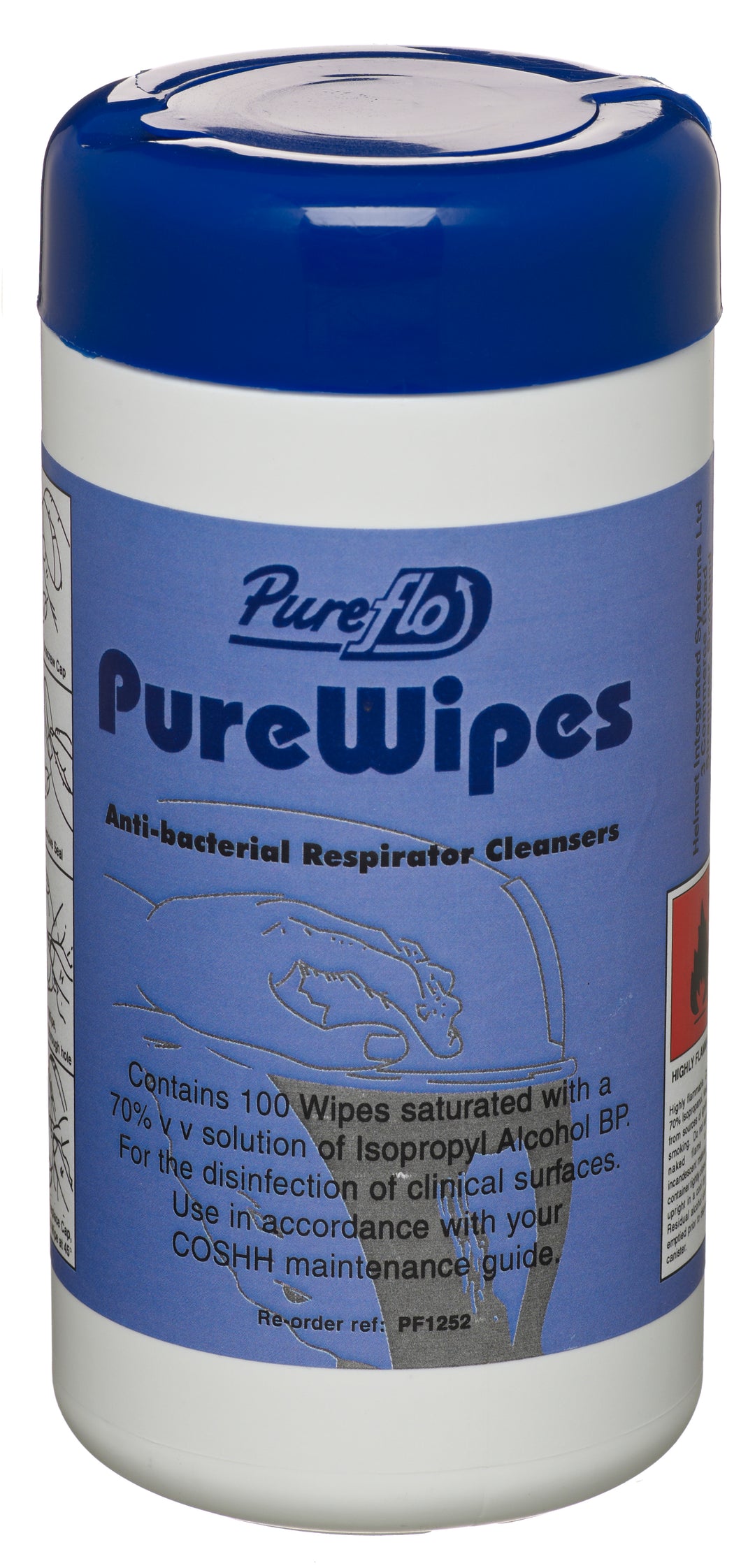A Blue and White Tub of PureFlo PR01110SP PureWipes