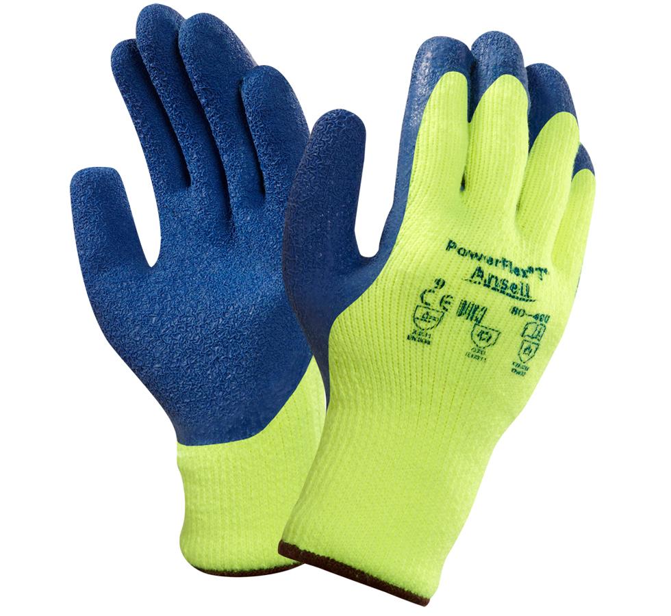 A Pair of Fluorescent Green and Blue Knitted POWERFLEX® 80-400 Gloves with Black Beaded Cuff and Black Lettering - Sentinel Laboratories Ltd